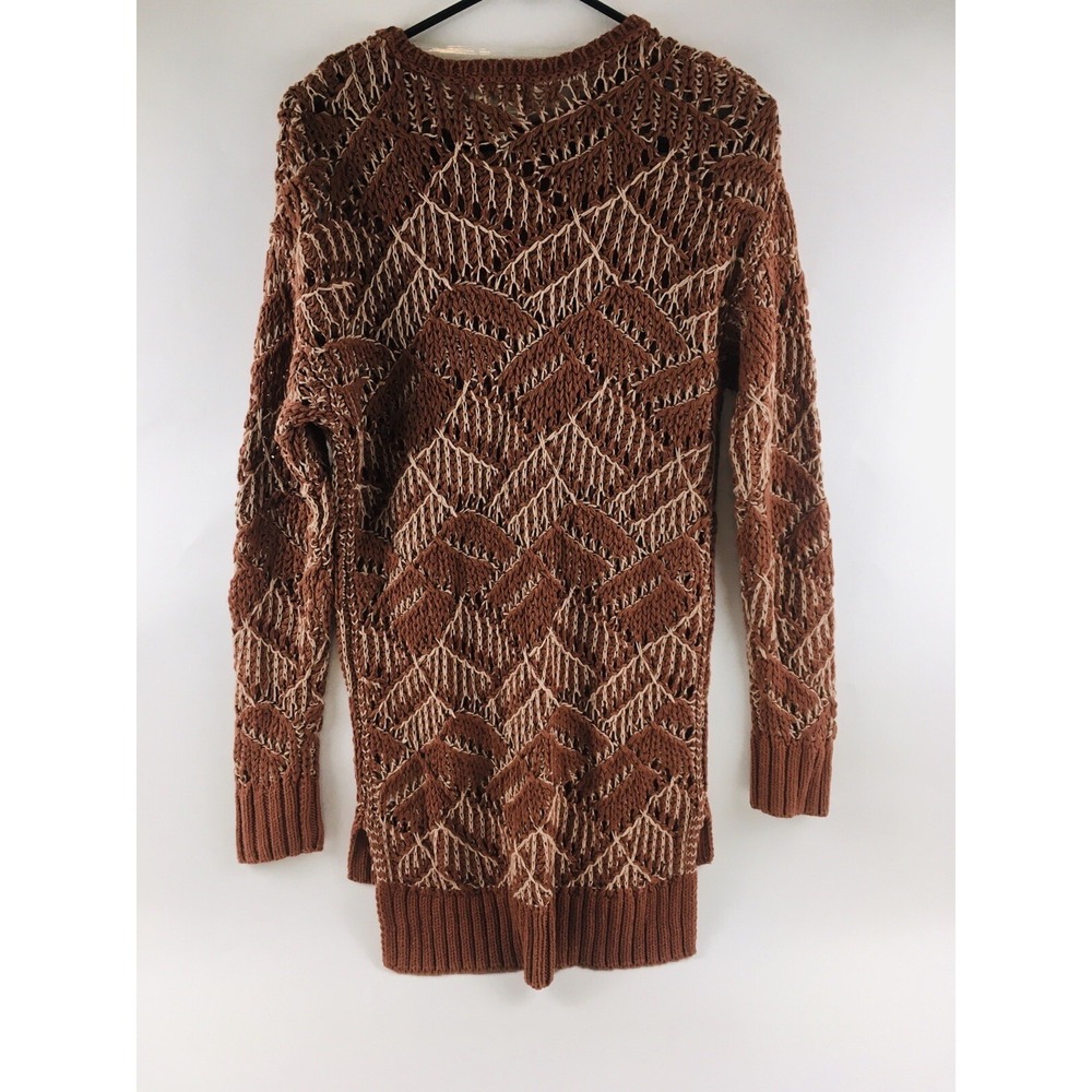 Universal Thread Sweater Med Rust Red-Brown Open Knit Semi Sheer Long Geometric - Picture 2 of 6
